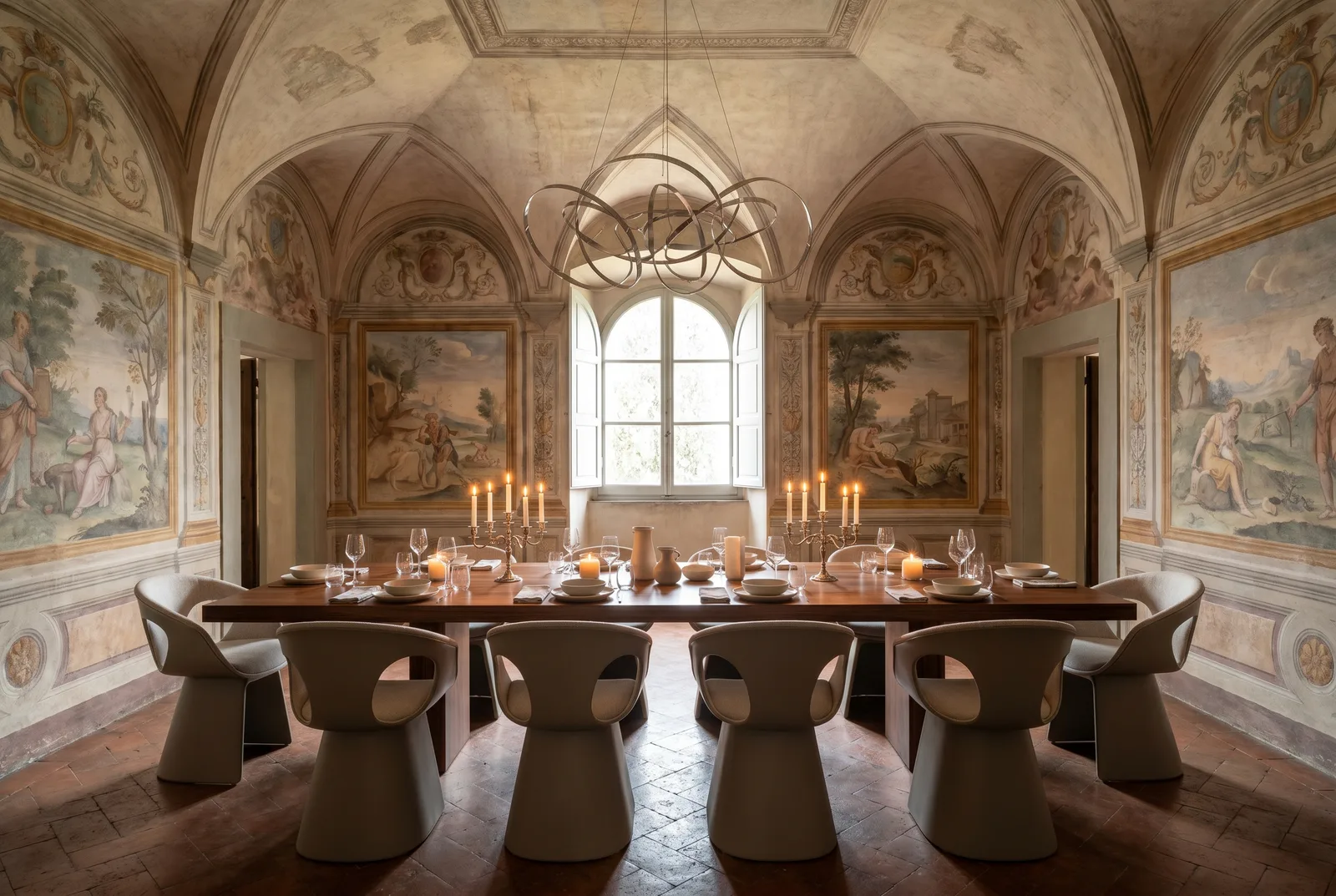 Frescoed dining hall, set for the present